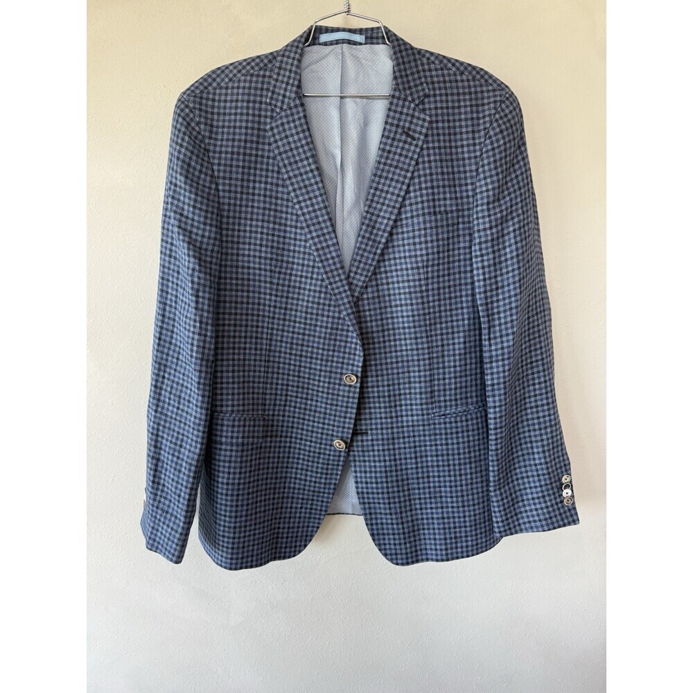 Sand Copenhagen Men’s 54 100% Linen Sport Jacket Coat Blue Plaid Angelico Button